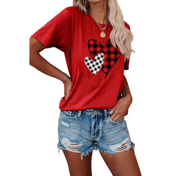 Red T-Shirt with Plaid Double Heart Graphic