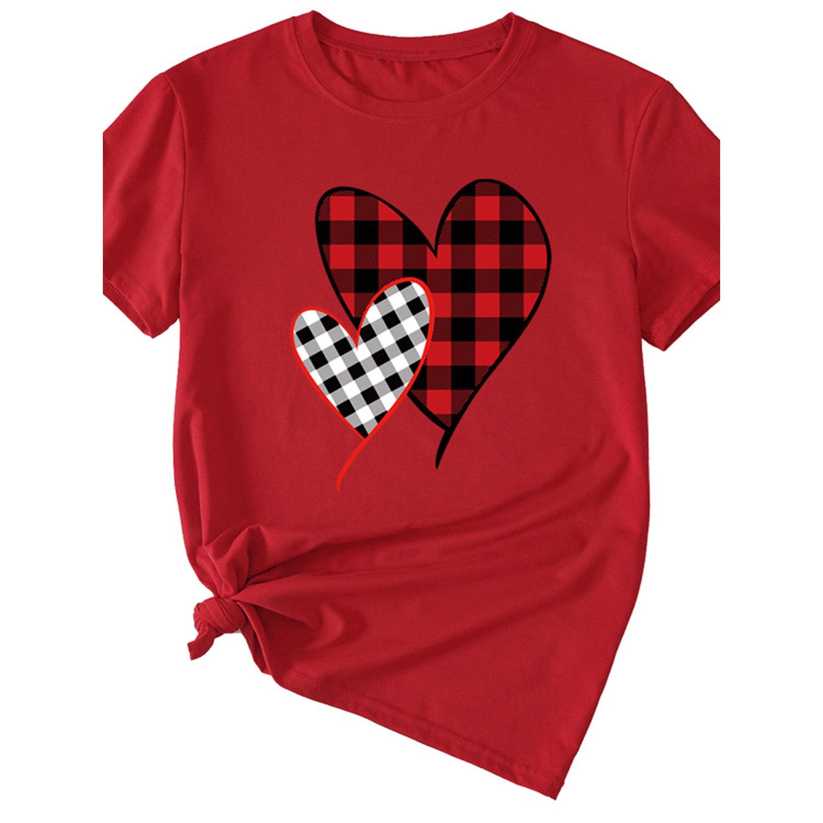 Red T-Shirt with Plaid Double Heart Graphic